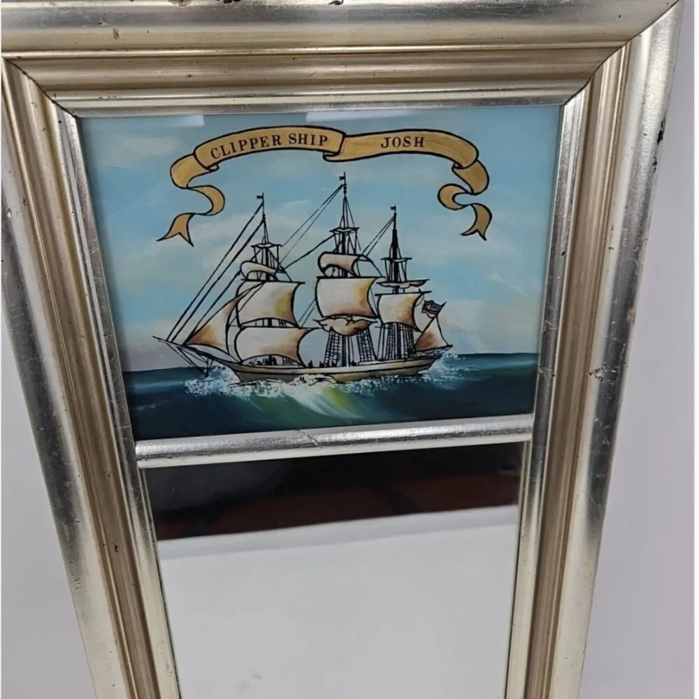 Vintage Trumeau Mirror Reverse Painted Glass Clipper Ship Eglomise Design Boston